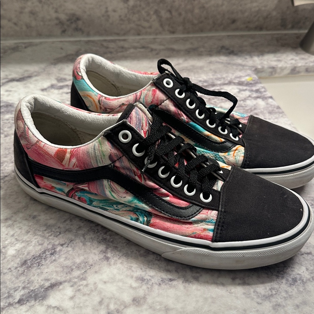Vans Old Skool Low Womens 8 Black Mulitcolor Watercolor Skate Shoe Sneaker *